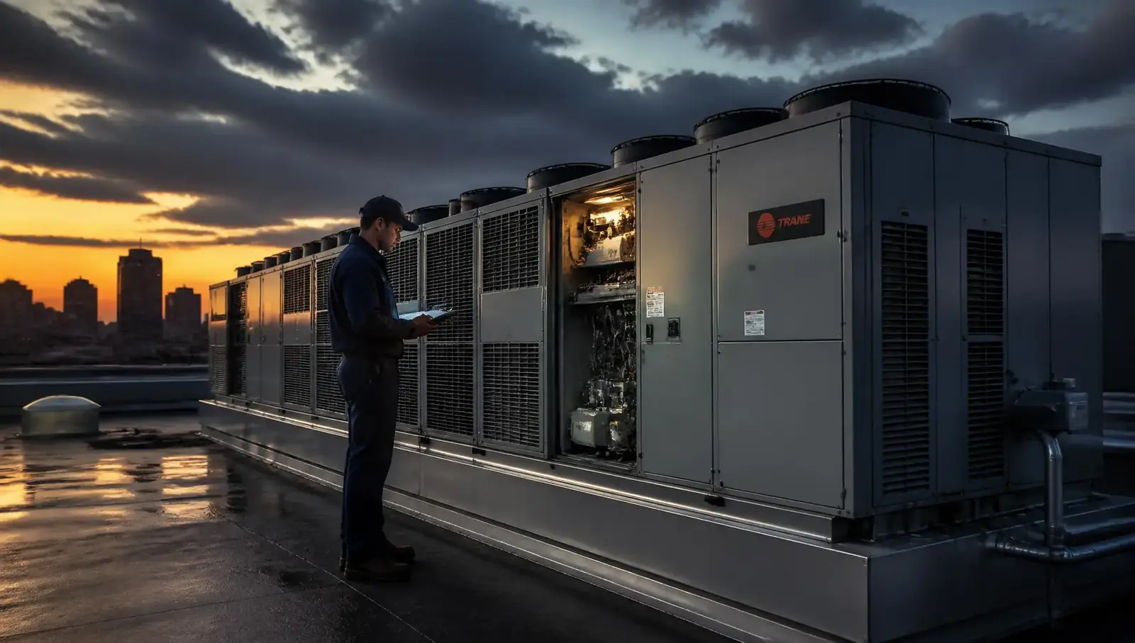 Tri-County Mechanical rooftop HVAC units on a flat commercial roof, with ductwork and trees beyond the parapet.
