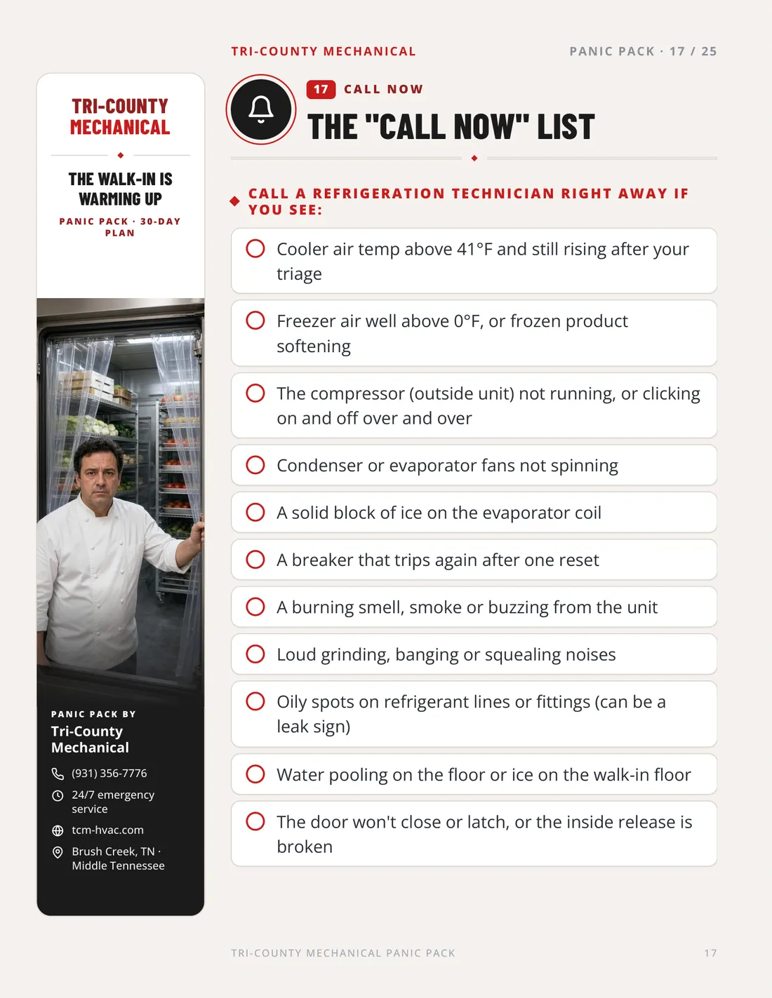 Page 17 of the Panic Pack: The Call Now list of walk-in failure warning signs.