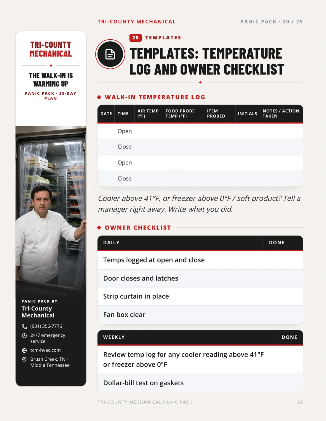 Page 20 of the Panic Pack: Printable walk-in temperature log and daily owner checklist.