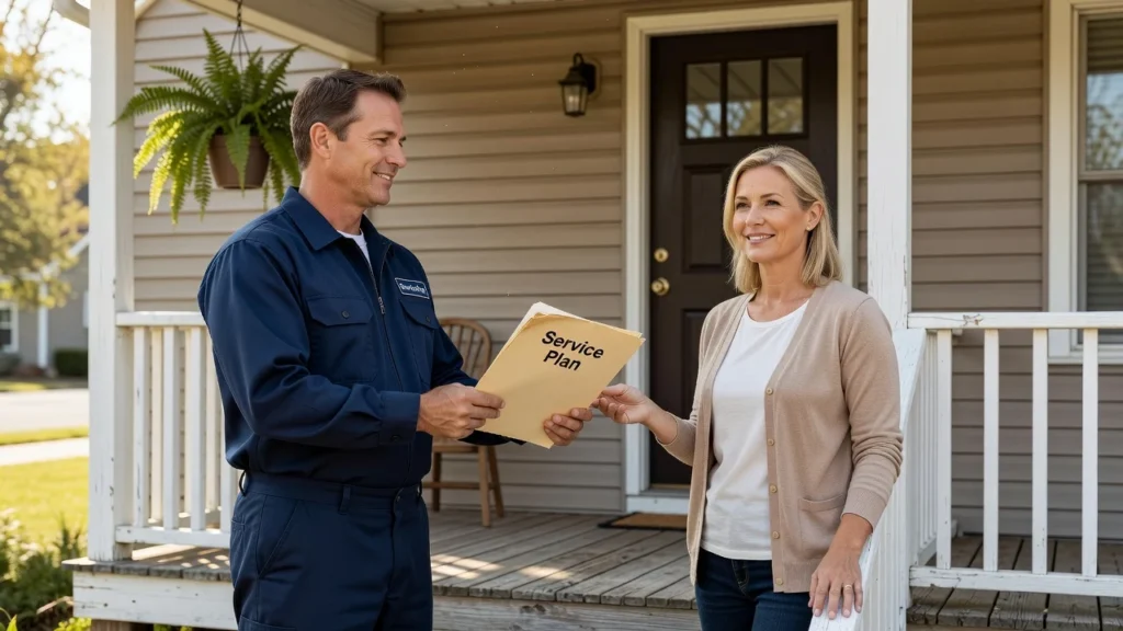 A technician handing a homeowner a service plan folder on the front porch of a house