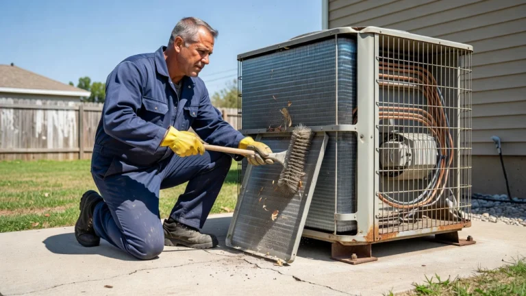 A technician kneeling beside an outdoor AC unit, cleaning the coils with the access panel removed.