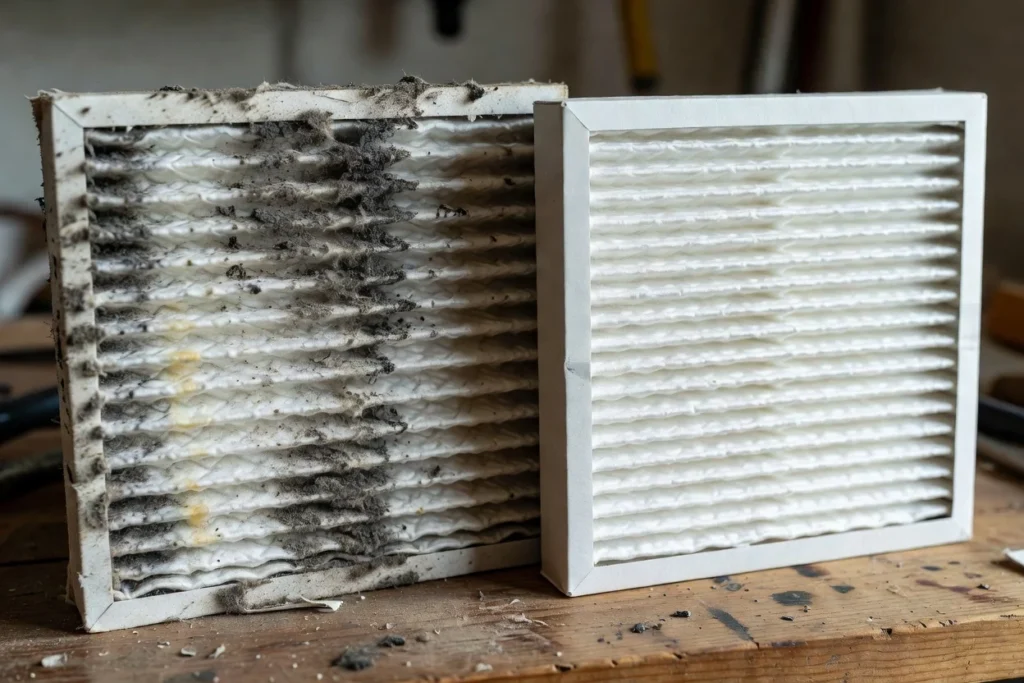 Close-up of a dirty clogged air filter next to a clean new one on a workbench. show a home heating filter.