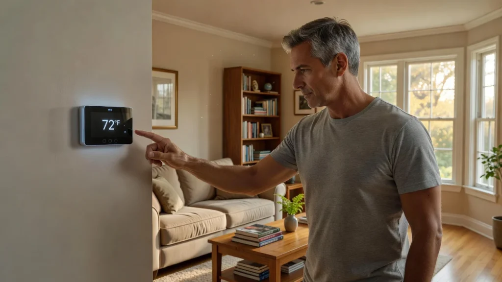 Homeowner checking a digital thermostat on a wall inside a tidy living room
